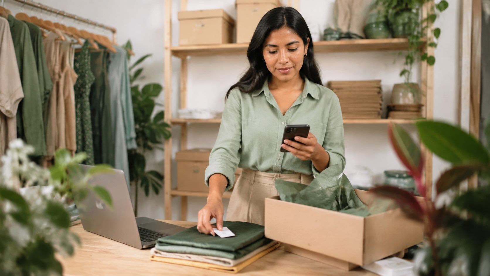 Emprendedora atendiendo clientes desde su teléfono